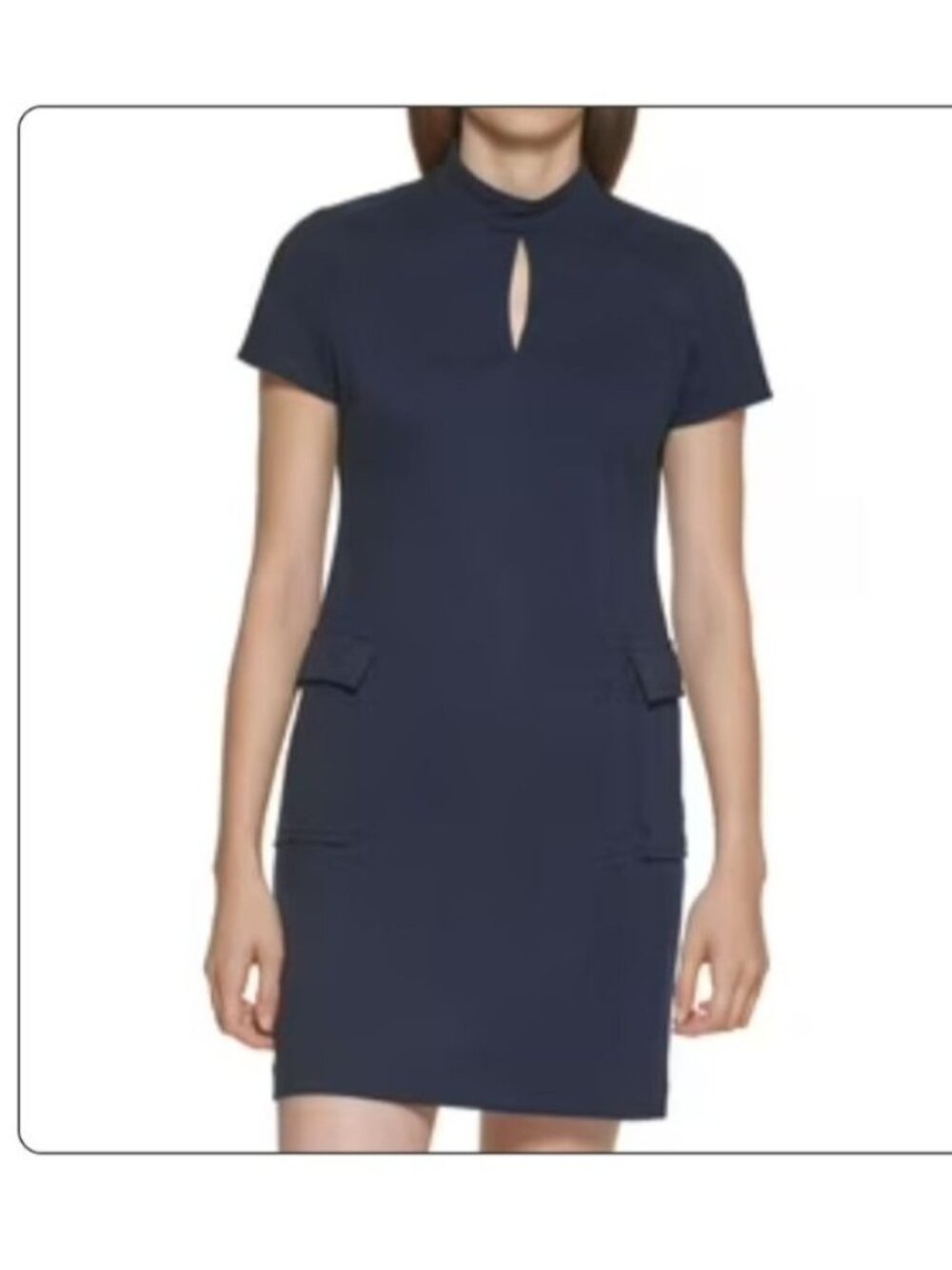 Calvin Klein Navy Short-Sleeve Keyhole Sheath Dress With Pockets Size 14 Polyest
